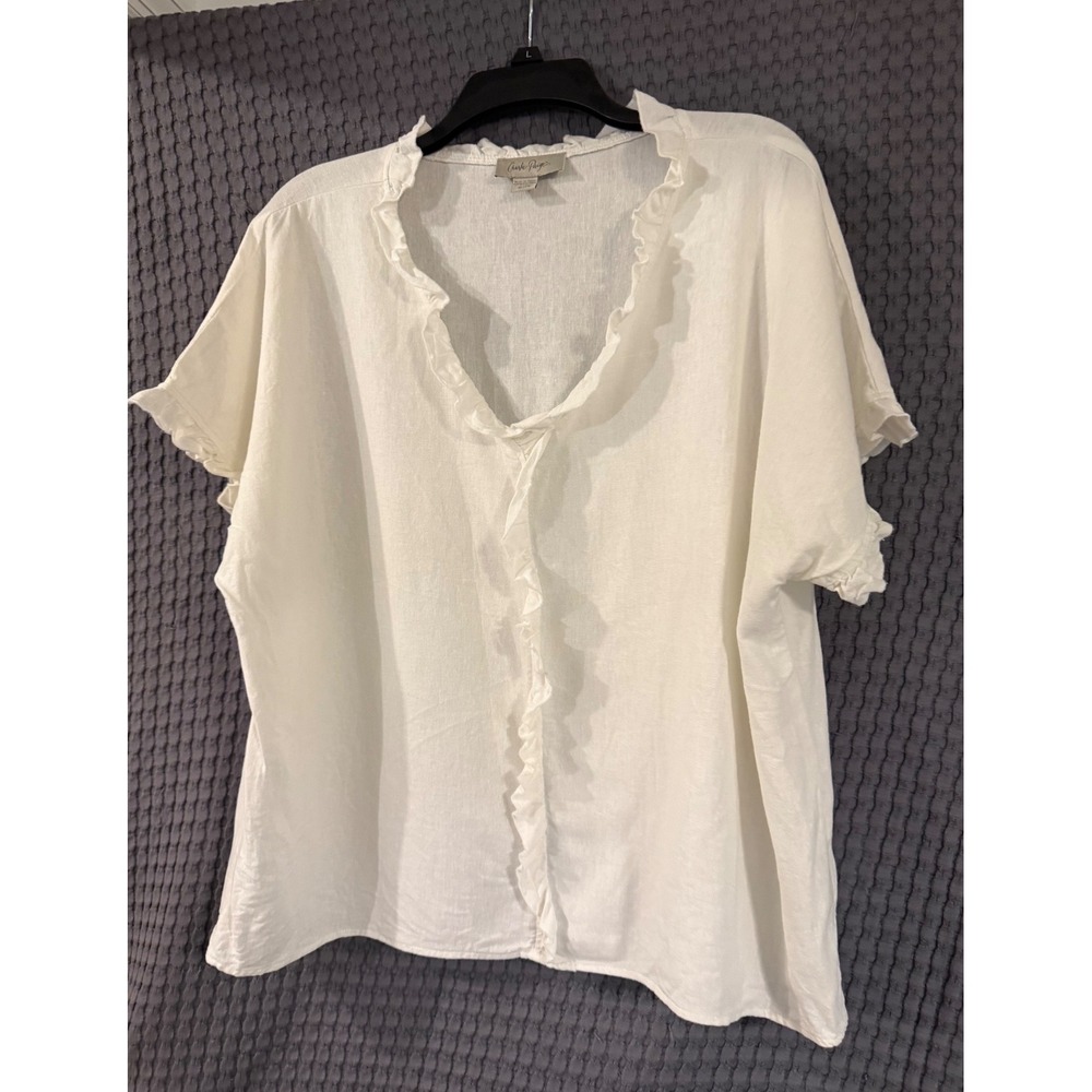Charlie Paige Blouse Women XL White Ruffle V-Neck Linen Blend Shirt  top
